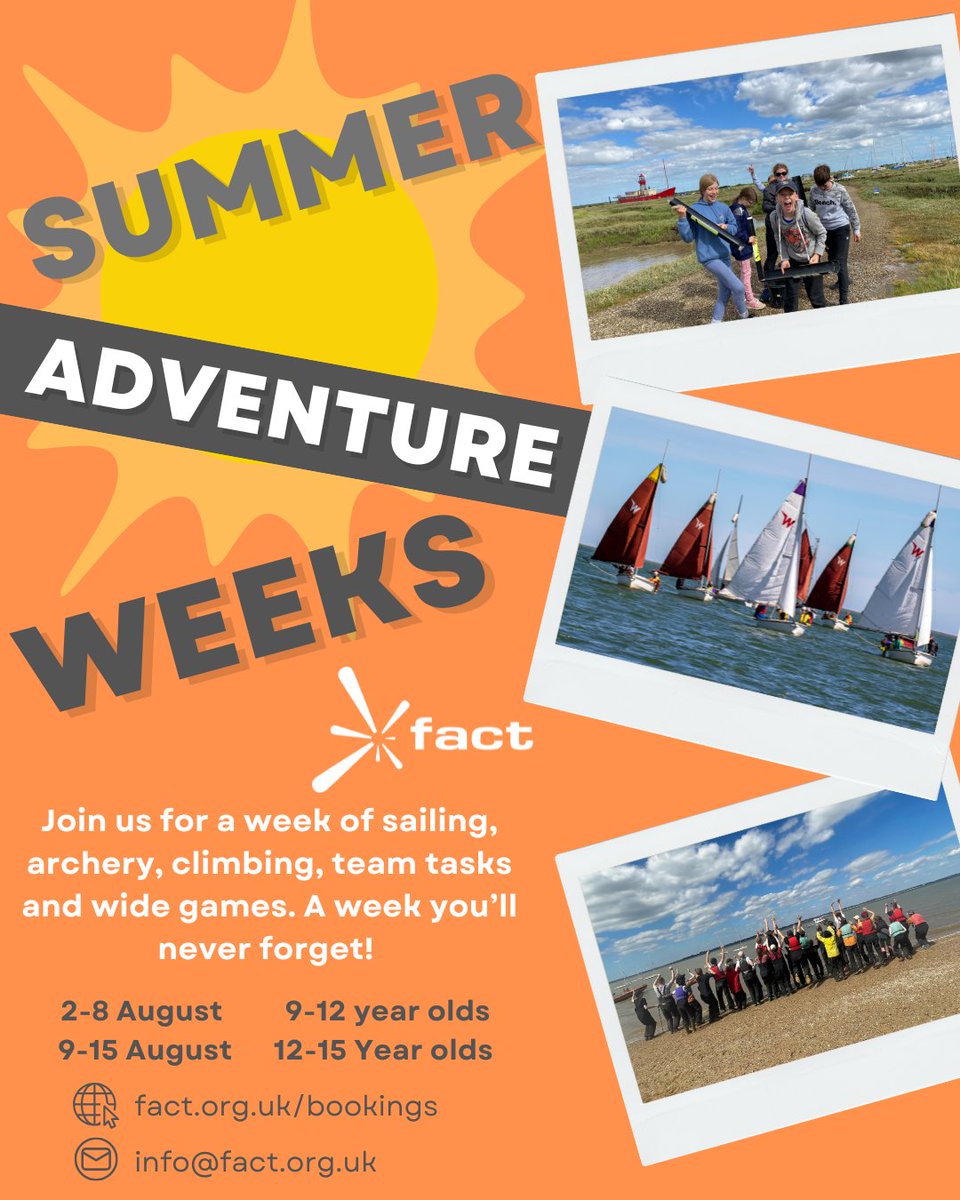 Summer Adventure Weeks are almost here! 🥳🙌
Spaces are going fast - don’t miss out! ⛵️

Get in touch with the office if you’d like to find out more.
Head to fact.org.uk/bookings or give us a call on 01621 868113 🤳