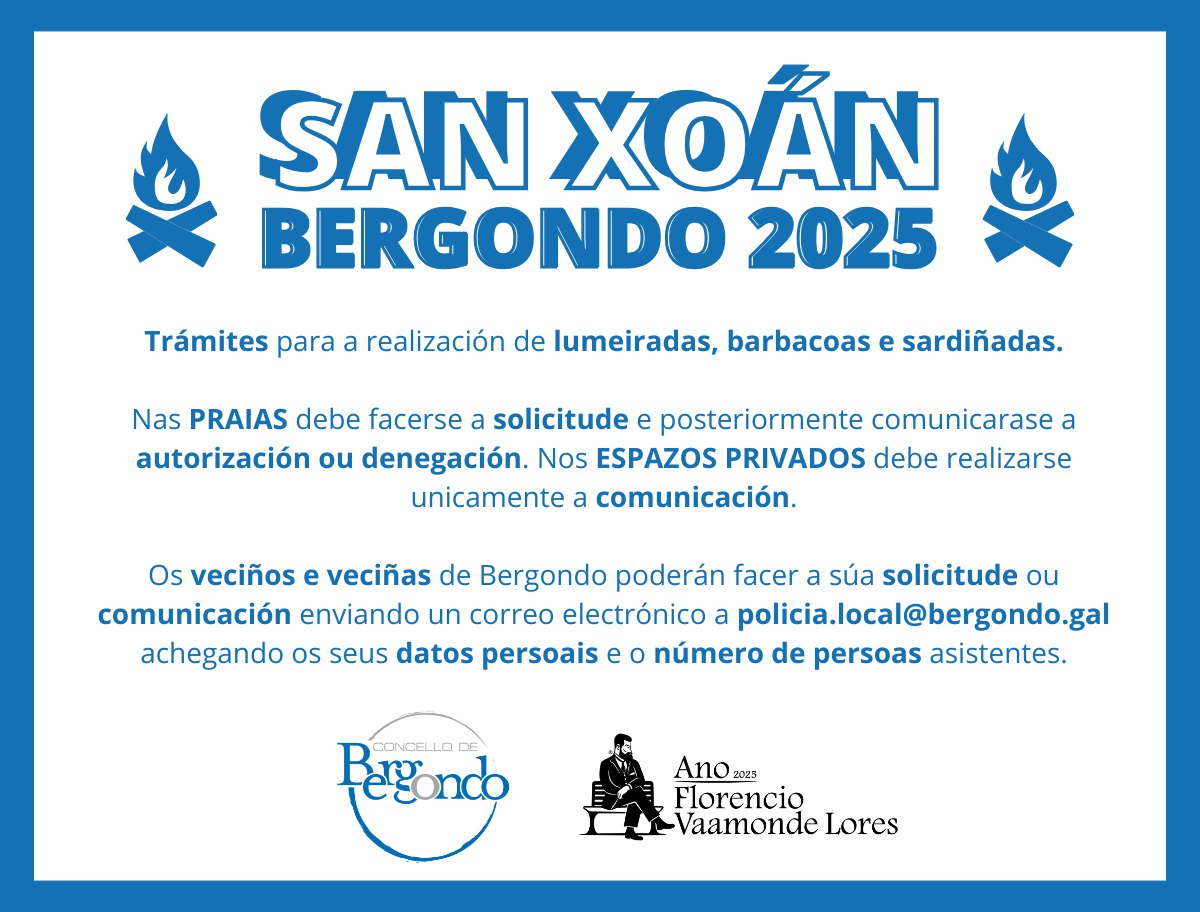 🔥 O <a href="/ConBergondo/">Concello de Bergondo</a> regulará as lumeiradas, barbacoas e sardiñadas de San Xoán 2025.

✍️ Para poder facer unha lumeirada na praia será preciso solicitar autorización previa, que deberá tramitarse antes das 15:00 horas do 22 de xuño.