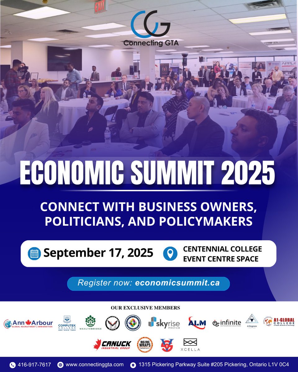 Join the Connecting GTA Economic Summit 2025 where your voice drives real change.  Don't just watch Ontario's economic future unfold - HELP SHAPE IT!

Date: Sep 17, 2025
Time: 8:00 AM - 5:00 PM
Location: 937 Progress Ave, Scarborough, ON M1G 3T8
Register: cgta.club/event-5941373