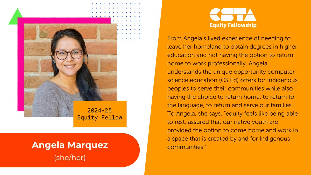 Meet #CSTAEquityFellow Angela Marquez, who advocates for Indigenous students in CS education. 

Read her profile: ow.ly/j8oN50W0Xyo