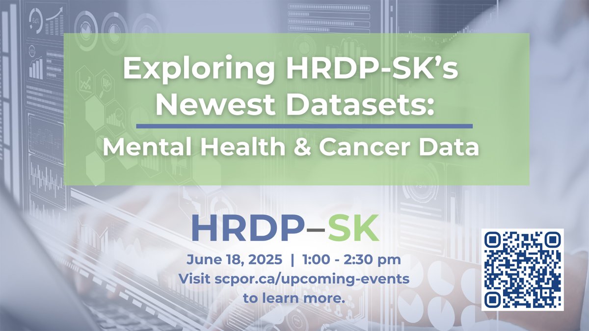 SCPOR_SK's tweet image. The HRDP-SK has two new datasets! Join us virtually on June 18 to learn how to access mental health and addictions and Saskatchewan cancer data. Register today at scpor.ca/upcoming-event…