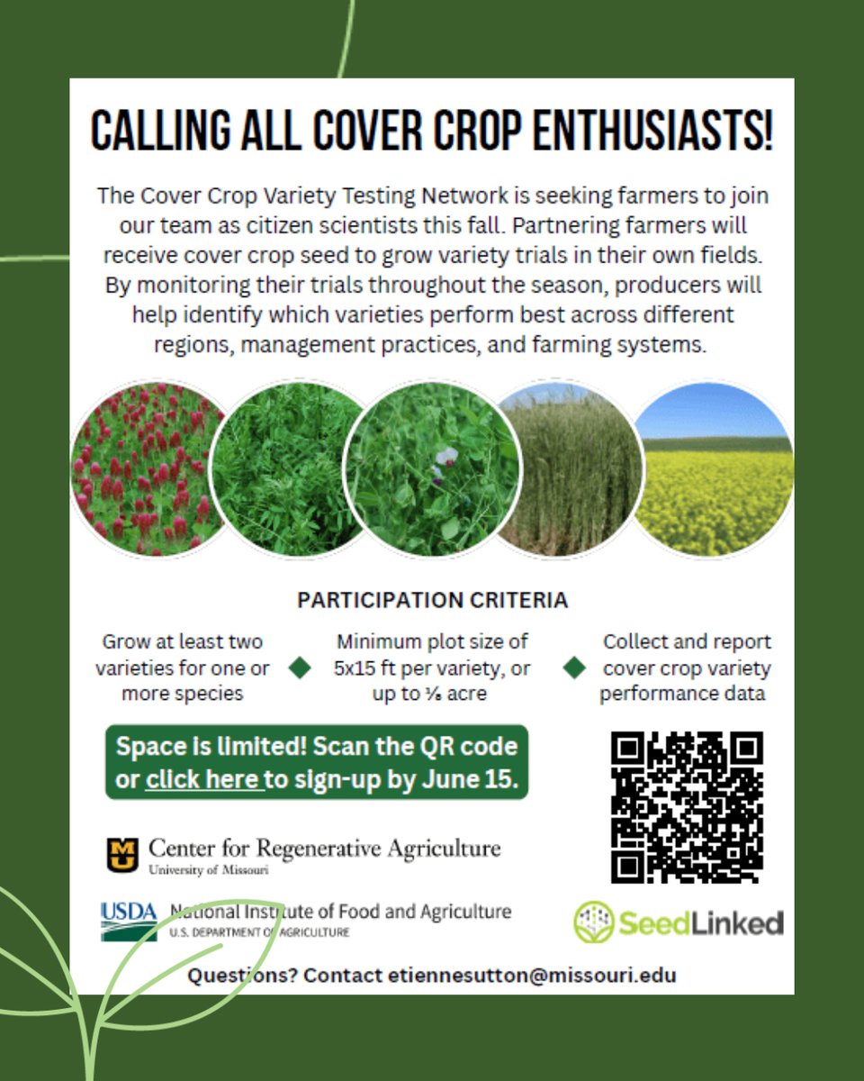 The Cover Crop Variety Testing Network is seeking farmers to join their team as citizen scientists this fall. Partnering farms will receive cover crop seed to grow trials in their own fields, monitor &amp; report data. Spots are limited &amp; the deadline is 6/15. rb.gy/atv810