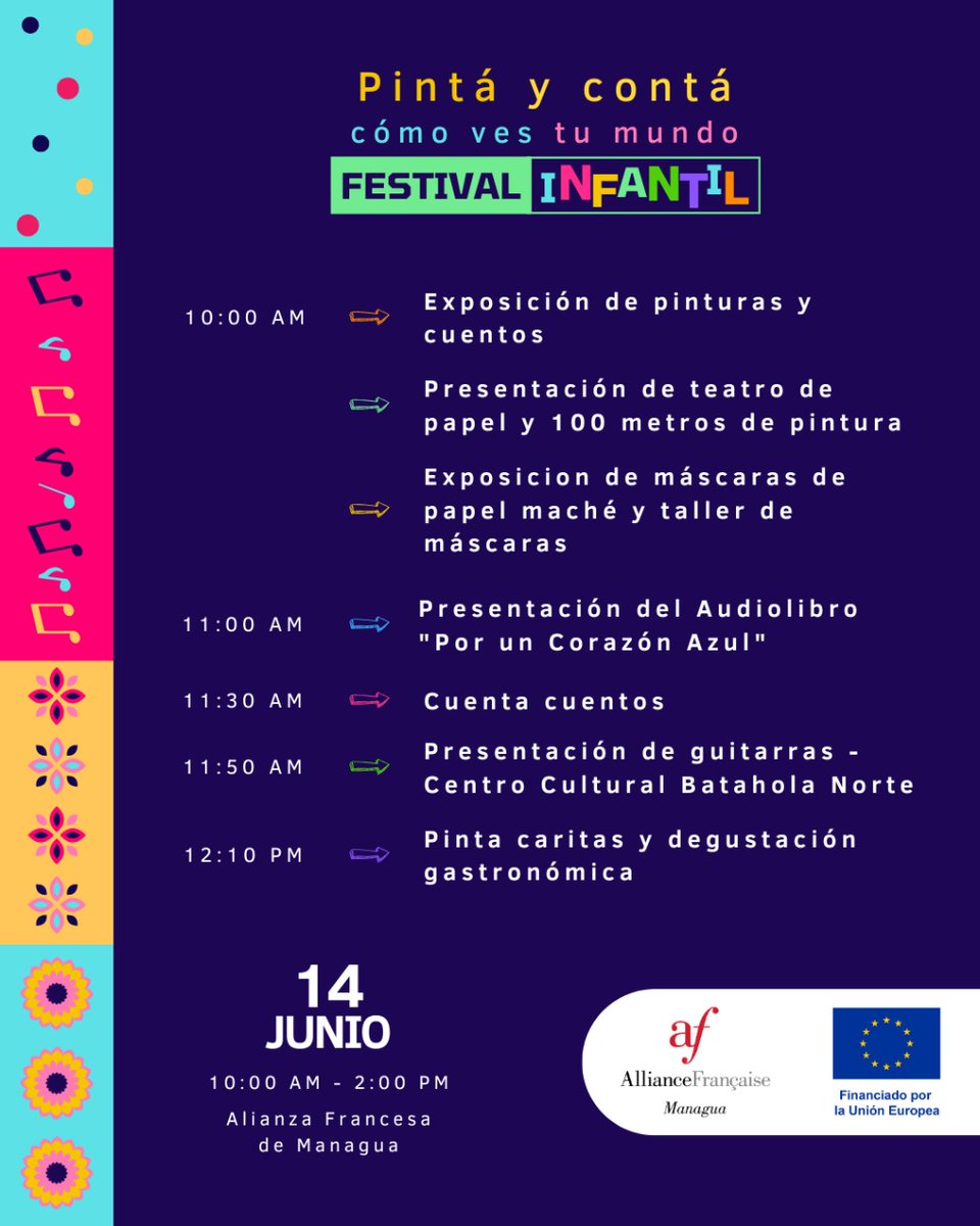 La Alianza Francesa se llena de color para celebrar a la niñez. Cuentacuentos 📚, audiolibros 🎧, música 🎸 con Batahola Norte, pinta caritas, comida y una gran obra colectiva de pintura.
 ¡Arte, risas y creatividad! 
Invitación abierta. 
 #UniónEuropea #PorNicaragua