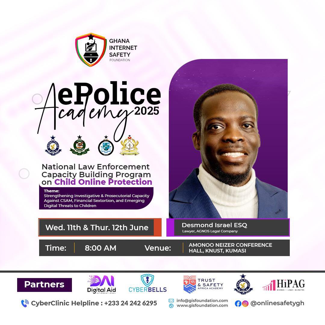 Two days of action, insight &amp; capacity building.
Together we tackle CSAM, sextortion &amp; digital harm to children.
📍 KNUST, Kumasi
📅 June 11–12 | 🕗 8:00 AM
#EPoliceAcademy2025 <a href="/OnlineSafetyGh/">Ghana Internet Safety Foundation</a>