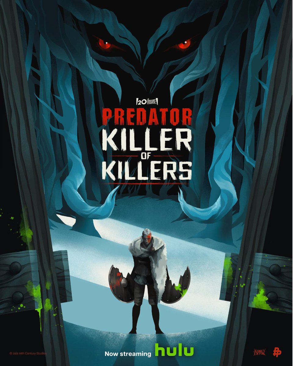 Poster Posse x @20thCentury!  Predator: Killer of Killers—official art by Poster Posse artist <a href="/AudreyEstok/">Audrey Estok ✨ Freelance Illustrator</a>. 

Warriors vs. Predator. Who will survive? 

Now streaming on @Hulu! <a href="/DisneyPlus/">Disney+</a>

#Predator #PosterPosse #Hulu #MovieArt