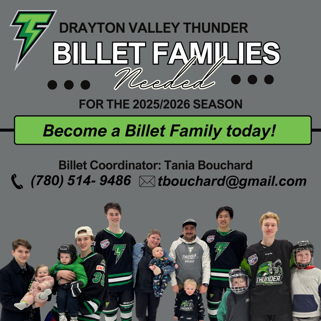 Drayton Valley Thunder (@dvthunder) on Twitter photo Join the Thunder Family! 🏒
Become a billet family for the upcoming 2025-2026 season!
To learn more, contact Billet Coordinator Tania Bouchard at (780) 514-9486 or tbouchard79@gmail.com Join the Thunder Family! 🏒
Become a billet family for the upcoming 2025-2026 season!
To learn more, contact Billet Coordinator Tania Bouchard at (780) 514-9486 or tbouchard79@gmail.com