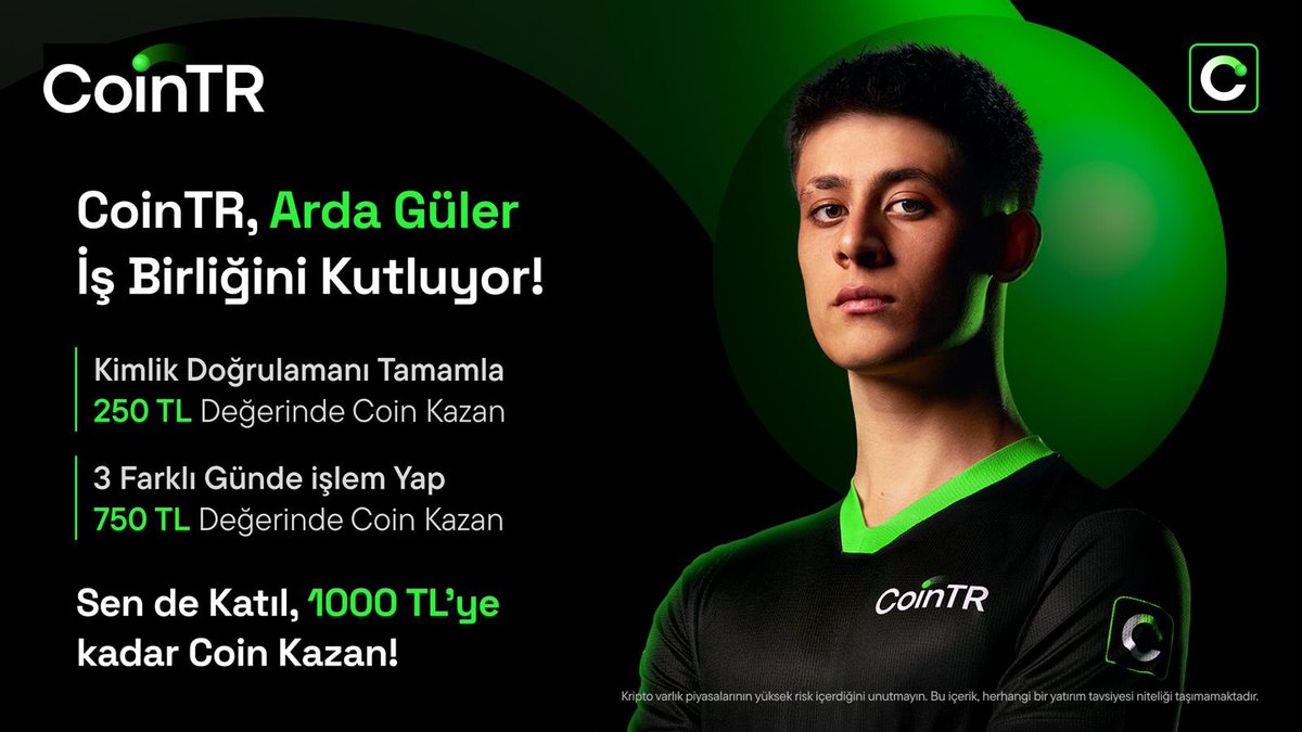 CoinTR Arda Güler iş birliğini kutluyor! 

Etkinlik: bit.ly/3FvuIz2 

Görev 1: Kimlik Doğrulamanı Tamamla - 250 TL değerinde çekilebilir kripto varlık ödülü kazan. #işbirliği

Görev 2: 3 Farklı Günde her gün 1000 TL değerinde işlem hacmi tamamla - 750 TL değerinde