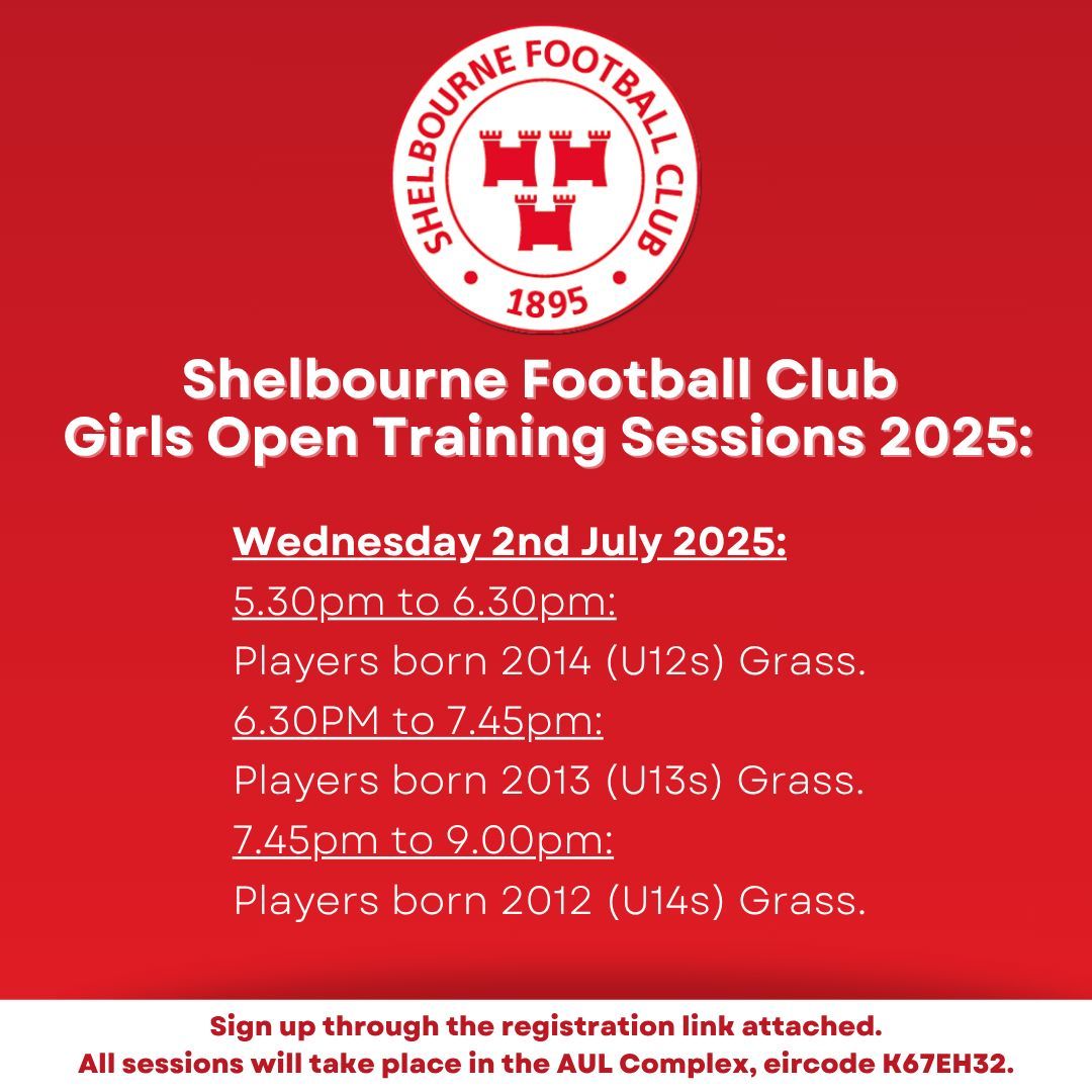 𝙎𝙝𝙚𝙡𝙗𝙤𝙪𝙧𝙣𝙚 𝙁𝘾 are delighted to host open training sessions on Wednesday, 2nd July 2025 at the AUL Complex for our schoolgirl section.

Players born 2014 (U12s) to 2012 (U14s) are invited to take part in these open training sessions as we prepare our teams for the