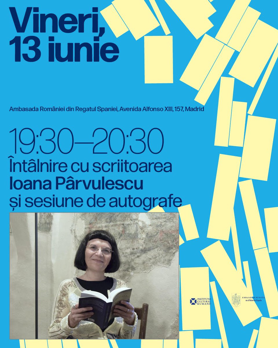 📖 Joi, 13 iunie, ora 19:30, vă invităm la Ambasada României din Madrid la o seară specială cu scriitoarea Ioana Pârvulescu — voce importantă a literaturii contemporane, prezentă la Târgul de Carte din Madrid. Vă așteptăm!