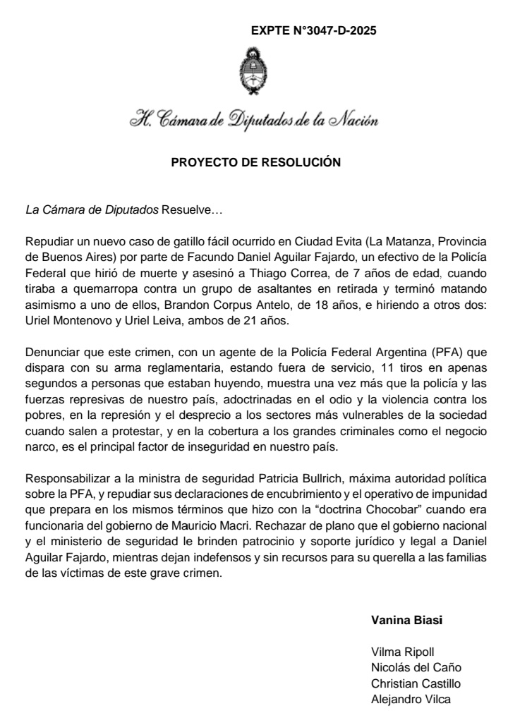 Presentamos un proyecto para repudiar el asesinato de Thiago Correa, de solo 7 años, en Ciudad Evita. Un agente de la Policía Federal, fuera de servicio, descargó 11 tiros asesinando a Thiago.

Este crimen aberrante no es un caso aislado: es la consecuencia directa de una