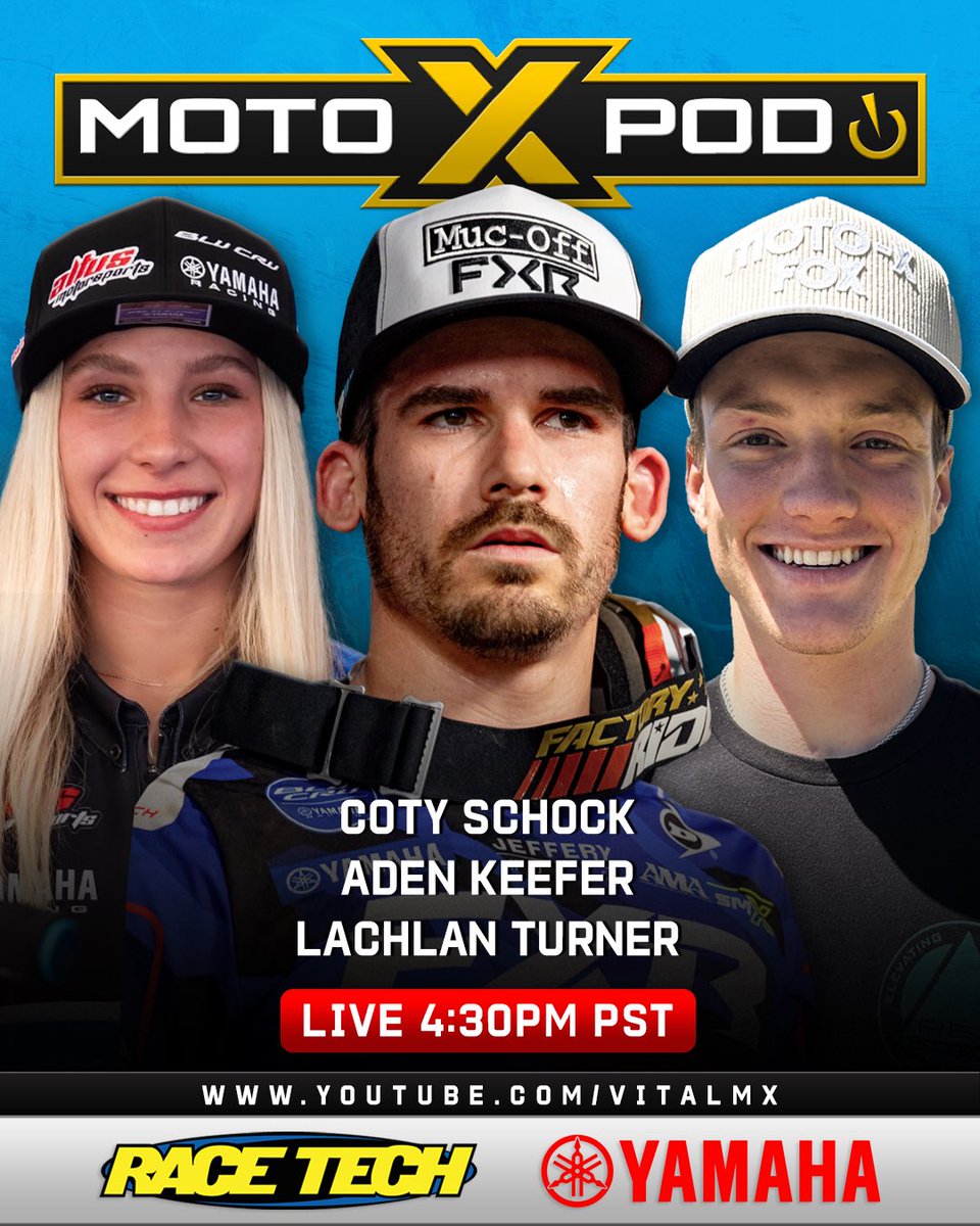 MOTOXP0D's tweet image. Tonight we have Coty Schock, Lachlan Turner, & @Adenkeefer120 live at 430Pac/730Eastern on the Vitalmx YouTube channel. Thanks to @racetechsuspen @YamahaRacingcom
@xbrandgoggles @fxrmoto @guts_racing_inc @Evanscooling @proxracingparts @tboltusa @etsracingfuels