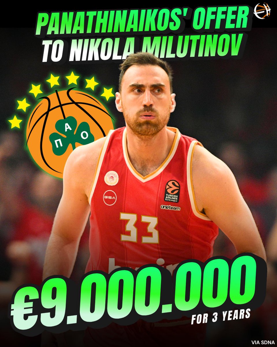 👀☘️Eurohoops sources confirm that Panathinaikos has offered 9 million euros net to add Nikola Milutinov to its frontcourt!