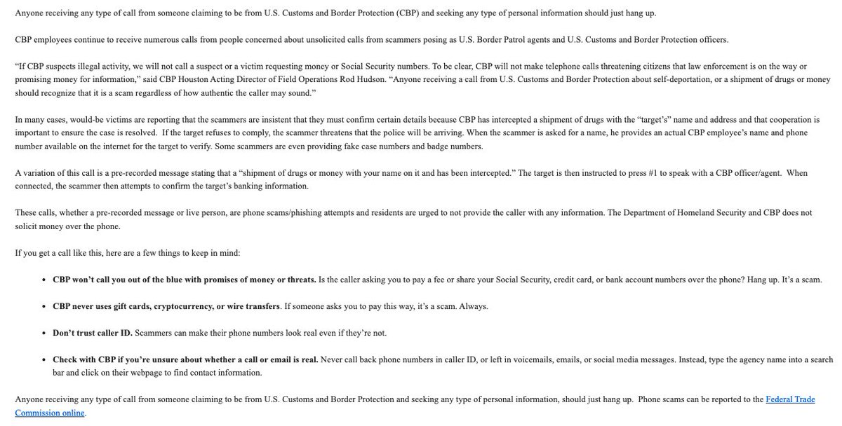 CBP says scammers are posing as Border Patrol agents, telling victims they've intercepted a shipment of drugs to their address and threatening to call the police if they don't cooperate