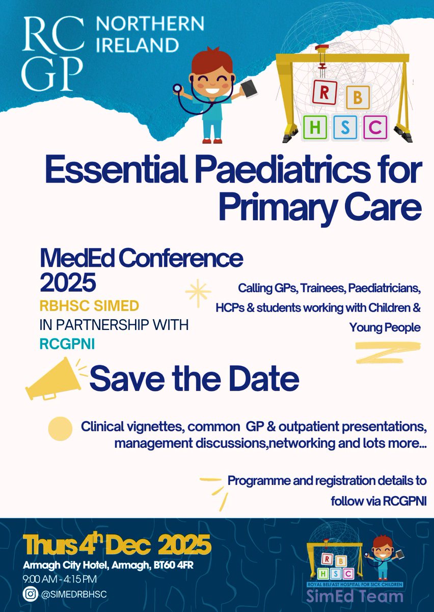 Kids Sim Ed team (@simedrbhsc) on Twitter photo Save the date - we are back with a MedEd collab with <a href="/rcgp_ni/">RCGPNI</a> 4th December 2025 <a href="/ArmaghCityHotel/">Armagh City Hotel</a> - programme & booking to follow via <a href="/rcgp_ni/">RCGPNI</a> - lots for all in 1o & 2o care <a href="/GPTrainingNI/">General Practice Training NI</a> <a href="/NIPaedsTrainees/">NI Paeds trainees</a> <a href="/RCPCHIreland/">RCPCHIreland</a> <a href="/_NIMDTA/">NIMDTA</a> Save the date - we are back with a MedEd collab with <a href="/rcgp_ni/">RCGPNI</a> 4th December 2025 <a href="/ArmaghCityHotel/">Armagh City Hotel</a> - programme & booking to follow via <a href="/rcgp_ni/">RCGPNI</a> - lots for all in 1o & 2o care <a href="/GPTrainingNI/">General Practice Training NI</a> <a href="/NIPaedsTrainees/">NI Paeds trainees</a> <a href="/RCPCHIreland/">RCPCHIreland</a> <a href="/_NIMDTA/">NIMDTA</a>