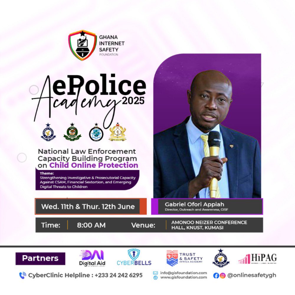 With an impressive lineup of global and local experts, #EPoliceAcademy2025 will strengthen Ghana’s investigative and prosecutorial systems against child online abuse. A critical initiative by the Ghana Internet Safety Foundation.
Follow updates from <a href="/OnlineSafetyGh/">Ghana Internet Safety Foundation</a>
