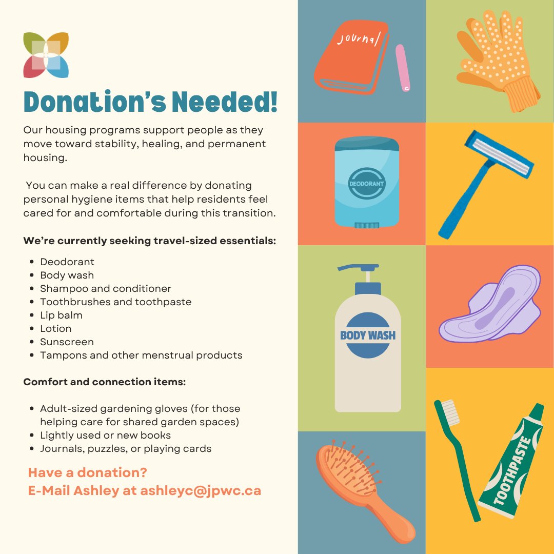 JASPER PLACE WELLNESS CENTRE (@jpwcyeg) on Twitter photo We are collecting small but meaningful items for residents in our housing programs.
Travel size hygiene products, books, journals, and gardening gloves all help create comfort and dignity during transition.
Email ashleyc@jpwc.ca if you can help.
#yeg #yegcc #edmonton #abcd We are collecting small but meaningful items for residents in our housing programs.
Travel size hygiene products, books, journals, and gardening gloves all help create comfort and dignity during transition.
Email ashleyc@jpwc.ca if you can help.
#yeg #yegcc #edmonton #abcd