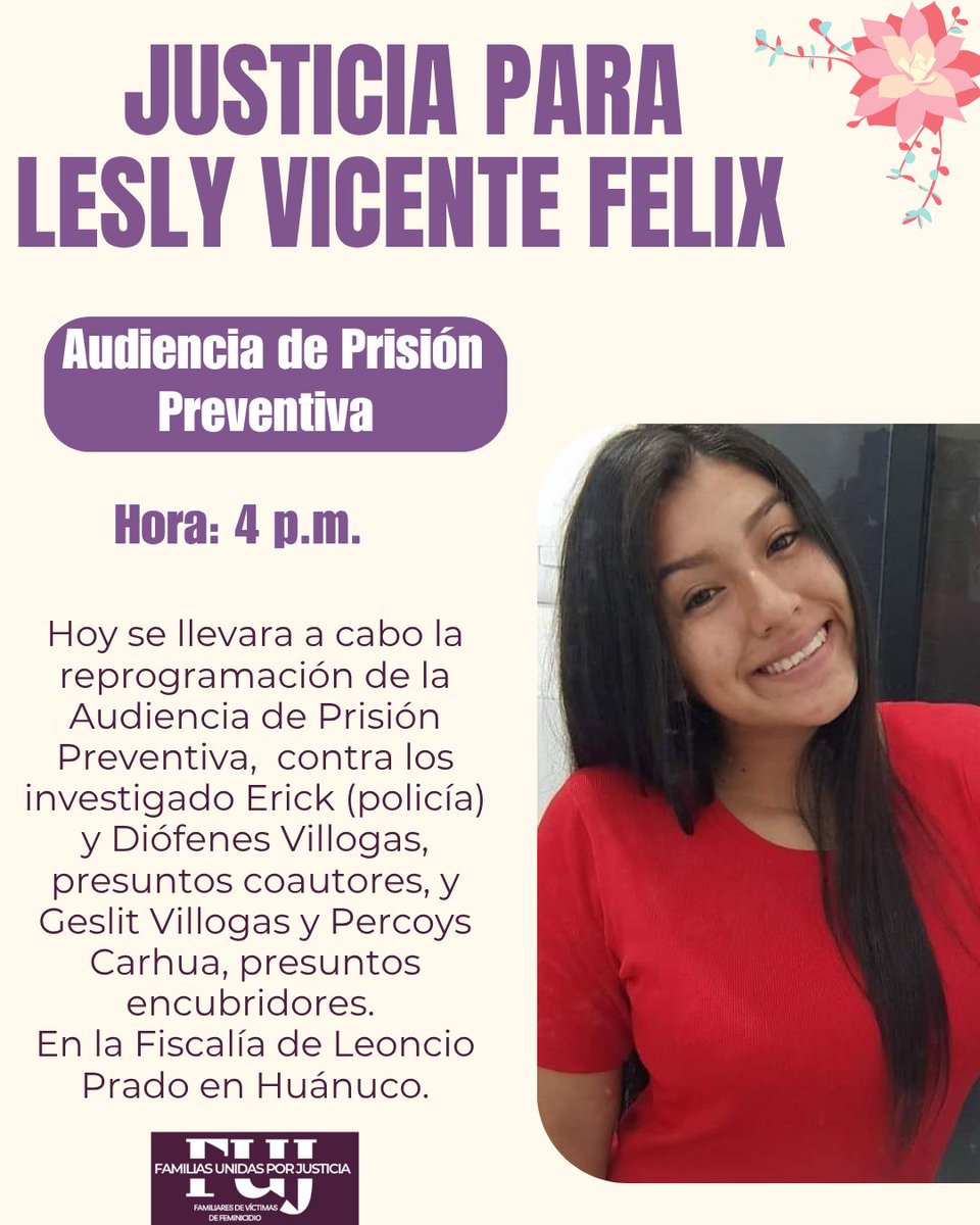 #JusticiaParaLeslyVicente ✊
Casi 5 años después, del feminicidio de Lesly , hoy se llevara la reprogramación de la Audiencia de Prisión  Preventiva  contra Erick, Diófenes Villogas, Geslit Villogas y Percoys Carhua, quienes son investigados