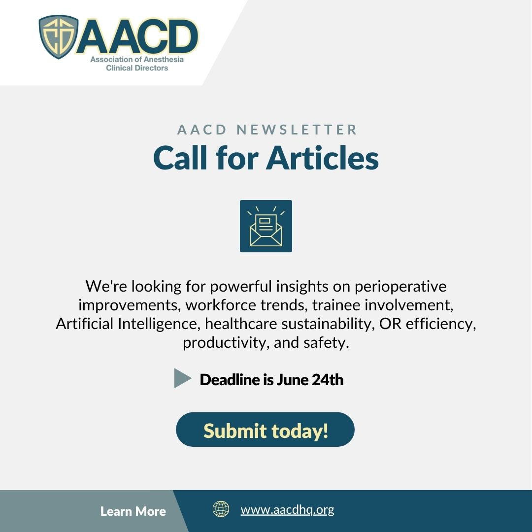 AACD (@aacd1988) on Twitter photo #AACD members: Got insights on OR efficiency, AI in anesthesia, or equity in care? Weโre seeking articles for our next newsletter!
๐2 pages max (Word)
๐ฉSend to: krc@aacdhq.org + carchie1@bwh.harvard.edu
Deadline is June 24th
#Anesthesia #PerioperativeCare #HealthcareLeadership #AACD members: Got insights on OR efficiency, AI in anesthesia, or equity in care? Weโre seeking articles for our next newsletter!
๐2 pages max (Word)
๐ฉSend to: krc@aacdhq.org + carchie1@bwh.harvard.edu
Deadline is June 24th
#Anesthesia #PerioperativeCare #HealthcareLeadership