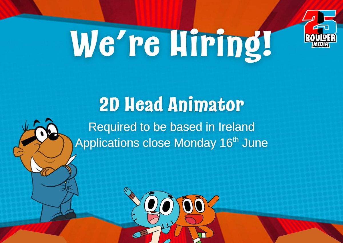 Boulder Media (@bouldermedialtd) on Twitter photo If you're interested in a fantastic opportunity to join Boulder Media as a 2D Head Animator, this is your chance! Apply here: 63cfe2b674b466401a5d1aa2.kenjo.io 
This is a hybrid position, with the successful candidate to be based in Ireland. Applications close June 16th! Best of luck 🥳 If you're interested in a fantastic opportunity to join Boulder Media as a 2D Head Animator, this is your chance! Apply here: 63cfe2b674b466401a5d1aa2.kenjo.io 
This is a hybrid position, with the successful candidate to be based in Ireland. Applications close June 16th! Best of luck 🥳
