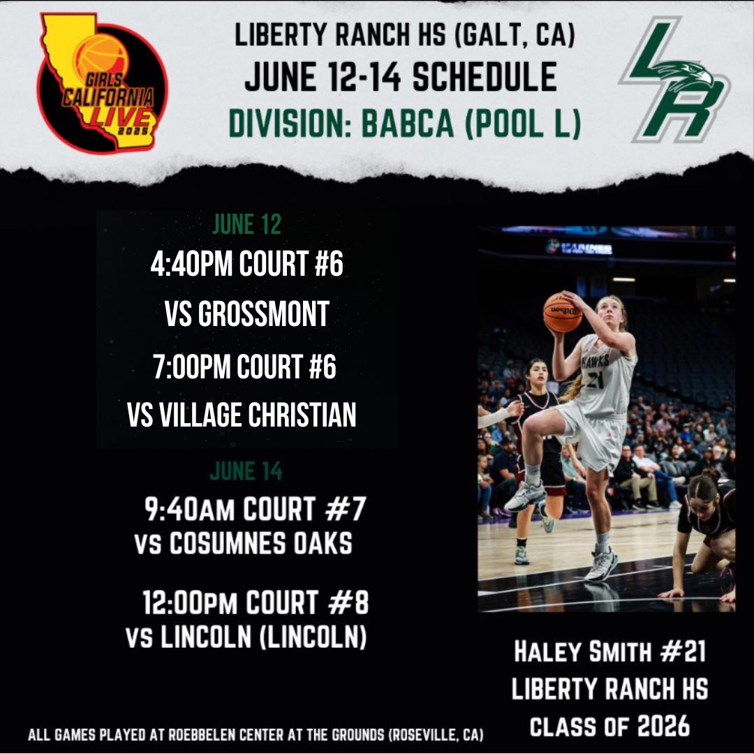 🚨UPDATED Girls California Live schedule!!! Game Time/Court changes on Thursday‼️ Time to go to work ⏳😤 

CA State Player of the Year
2X 1ST Team All-State 
3X 1ST Team All-Metro Sac Bee
2X SVC MVP
2X 1ST Team All-Sac WCP
3X 1ST Team SVC
1ST Team All-NorCal 
SJS Soph of Year