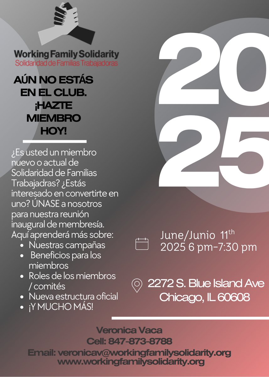 Working Family Solidarity is building POWER in 2025. 💪🏽

Want to be part of it?
Come to our membership meeting and learn how to get involved — your voice belongs here. 🙌🏽

📍 Details in the flyer.
#Solidarity #CommunityPower #ChicagoOrganizing #WFS2025
