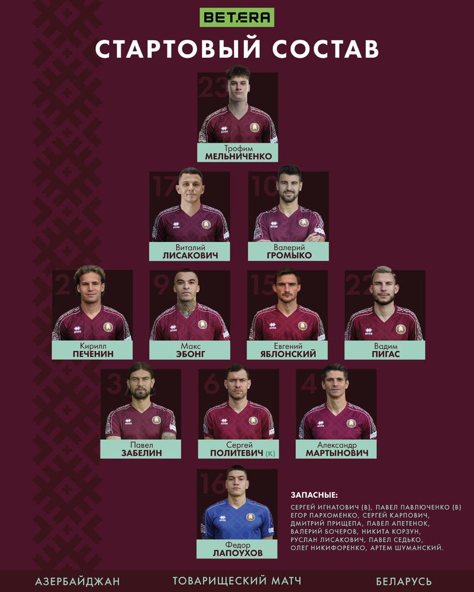 Состав на матч против 🇷🇺 России – вашему вниманию.

По сравнению с игрой против Казахстана, Карлос Алос сделал 6 изменений.

#СборнаяБеларуси #БелыяКрылы #FriendlyMatch #NationalTeam