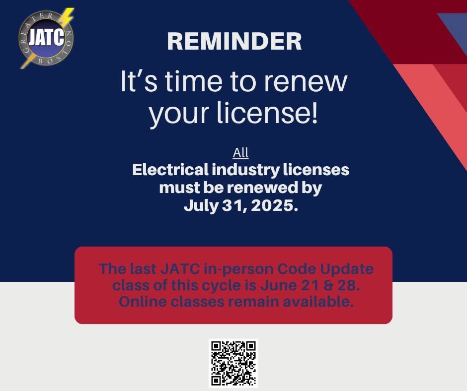 bostonjatc103's tweet image. Reminder! All MA electrical industry licenses must be renewed by July 31 of this year.

More info: bostonjatc.com/licensing/lice…

#licenserenewal #journeymanelectrician #systemstech #licensure #renewalperiod #ibewlocal103