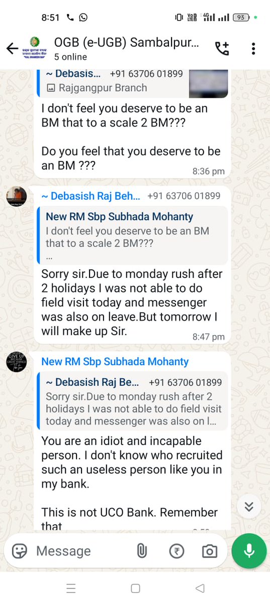 BankeR_RK's tweet photo. Just read the messages. The tone.. the warning..the threat..the disrespect..

@LabourMinistry @DFS_India @FinMinIndia is this how a Branch manager shud be treated?

@IOBIndia kindly take action against him or else we will launch campaign against him.

#SuspendSubhadaMohanty https://t.co/ZHavFSo6Cf