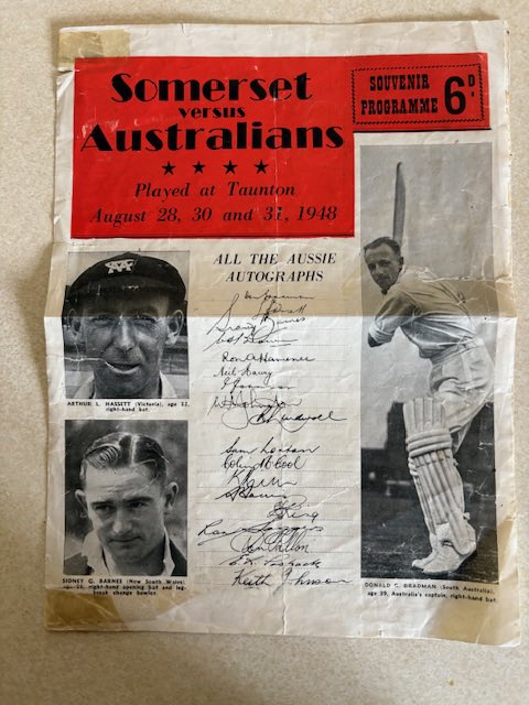 SomersetCricketMuseum (@somcrickmuseum) on Twitter photo Somerset v Australia August 1948
We are very grateful to Alan Ranger for passing on this autographed program from the SCCC match v Australia in 1948 to the <a href="/somcrickmuseum/">SomersetCricketMuseum</a>.
By coincidence Paul Gilley, who was in the Museum this morning was at that match and remembered it well. Somerset v Australia August 1948
We are very grateful to Alan Ranger for passing on this autographed program from the SCCC match v Australia in 1948 to the <a href="/somcrickmuseum/">SomersetCricketMuseum</a>.
By coincidence Paul Gilley, who was in the Museum this morning was at that match and remembered it well.