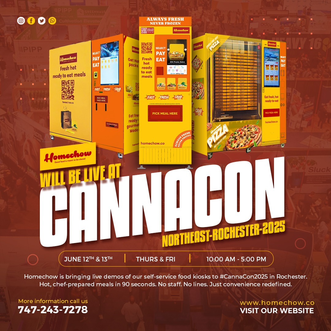 Rochester, we’re coming to #CannaCon2025!
Homechow is demoing our self-serve kiosks:
Hot, chef-made meals in 90 secs
No staff. No lines. Just pure convenience.

PLUS: Get a first look at the Homechow Pizza Machine 🍕
Booth 1011. Pull up &amp; taste greatness.

#Homechow #FoodTech