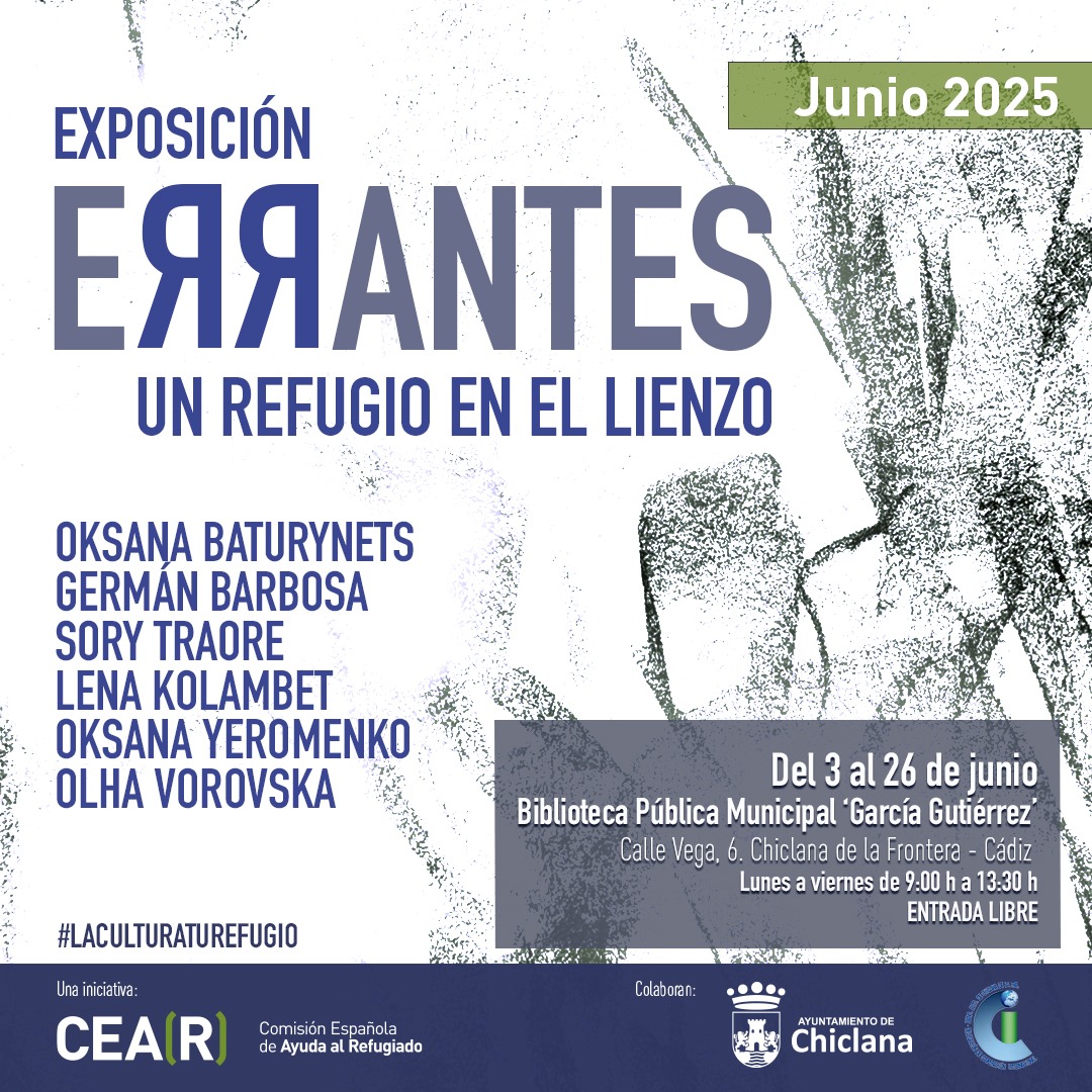 CEAR_Andalucia's tweet photo. ¡No olvidéis que podéis visitar #ERRANTES en #Chiclana #Cádiz hasta el 26 de junio.
👩🏼🎨 Obras de artistas refugiadas atendidas por @CEARefugio
🕘 L-V de 9h a 13:30h
📍 En @bibliochiclana
Más información 🔗 https://t.co/8HvAeZ22Oj
🙏🏽 Gracias a @ayto_chiclana https://t.co/MKYq7ftCKs