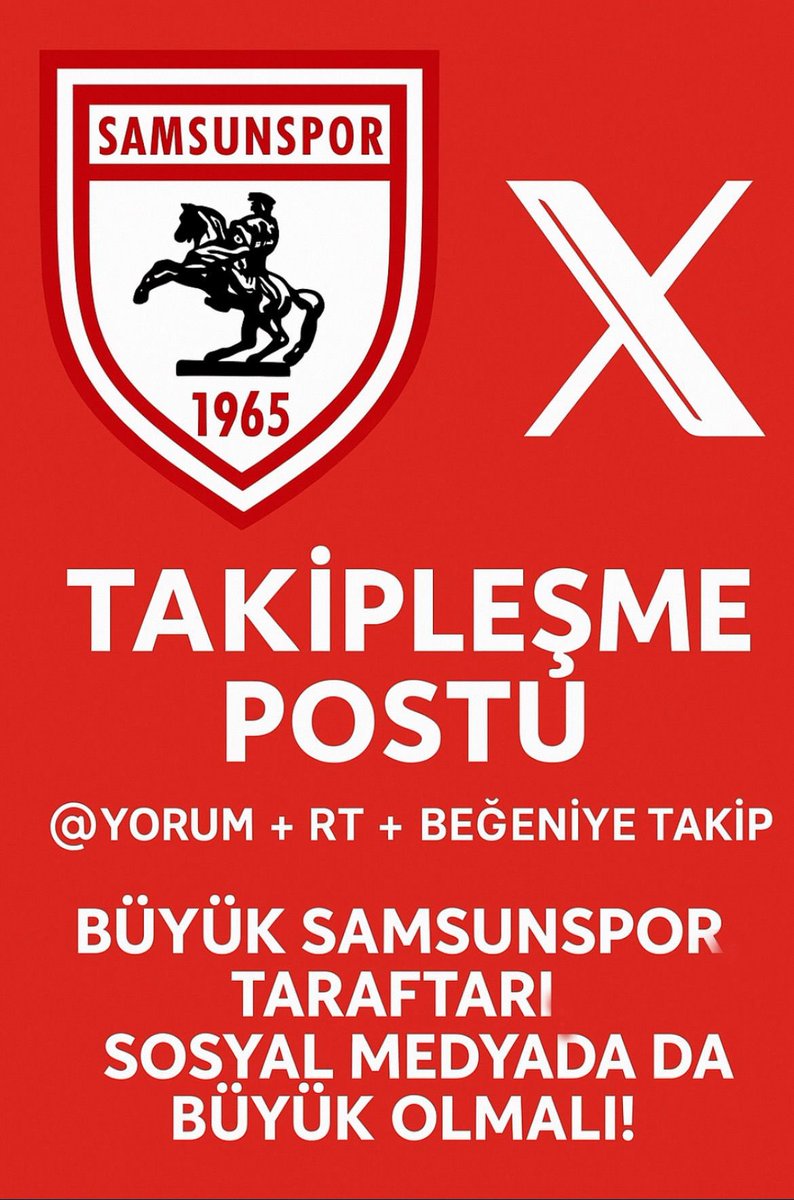 ✅ Güçlü Sosyal Medya, Güçlü #Samsunspor mottosuyla belli bir kitle edindik.

✅ Şimdi yine bu motto ile bu gönderiyi RT'leyip beğenmenizi rica ederek tüm #Samsunspor 'a gönül verenlerin birbirini takip etmesini istiyoruz!

✅ “Güçlü vurdukça sineler onu top sindiremez”