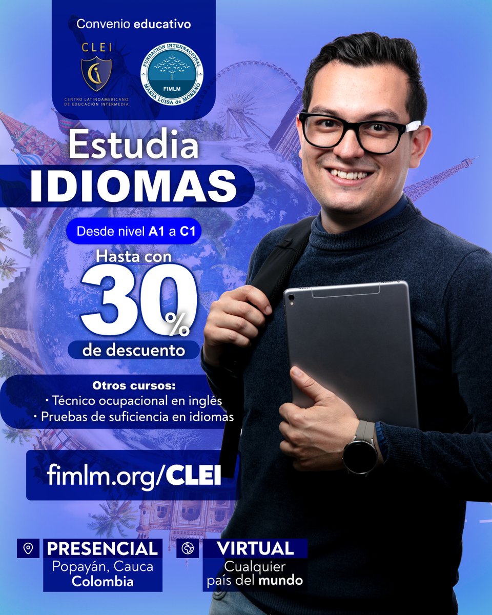 #ConveniosEducativos | Estudia: inglés, francés, portugués, alemán, italiano, coreano y español para extranjeros, de forma presencial en Popayán, Cauca 🇨🇴 o de forma virtual en cualquier parte del mundo.

Inscríbete: fimlm.org/CLEI  y obtén hasta un 30% de descuento.