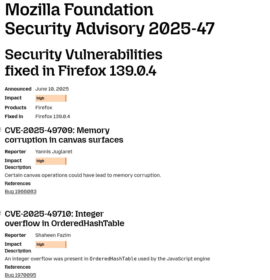Firefox 139.0.4 corrige un problème de blocage lors du passage d’une application à une autre ou à l’ouverture de certains panneaux, des problèmes de sélection, un problème spécifique à Windows et des failles de sécurité mozilla.org/en-US/security… avis de sécu mozilla.org/fr/security/ad…