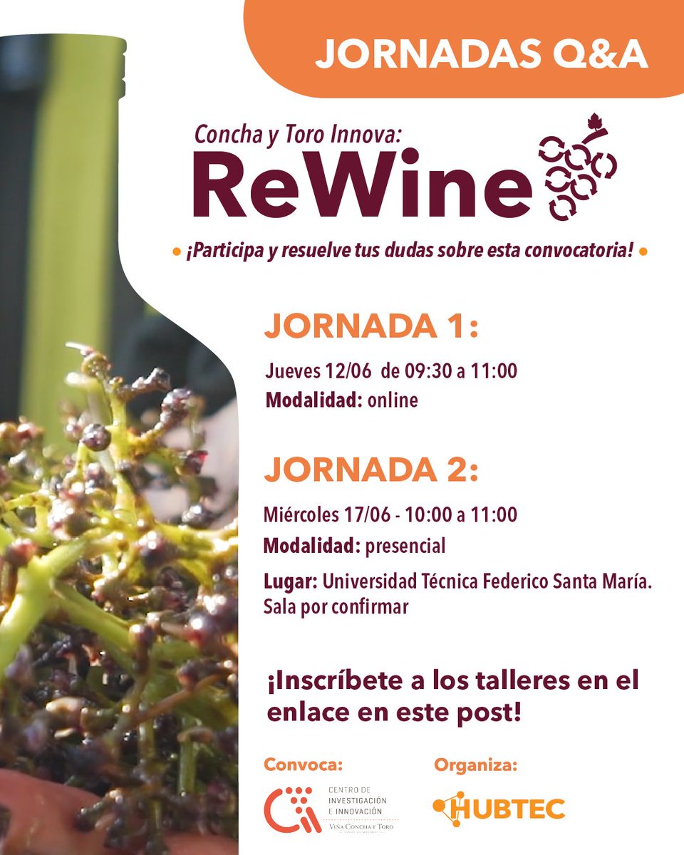 ¿Dudas sobre la convocatoria ReWine? Súmate a nuestras jornadas Q&amp;A para conocer los desafíos de Viña Concha y Toro y cómo postular tu solución.
🗓️ 12/06 online – 17/06 presencial (UTFSM)
Inscríbete en forms.gle/DcKrHKy4vBfsZm…
Convoca: Concha y Toro | Organiza: HUBTEC 🟠