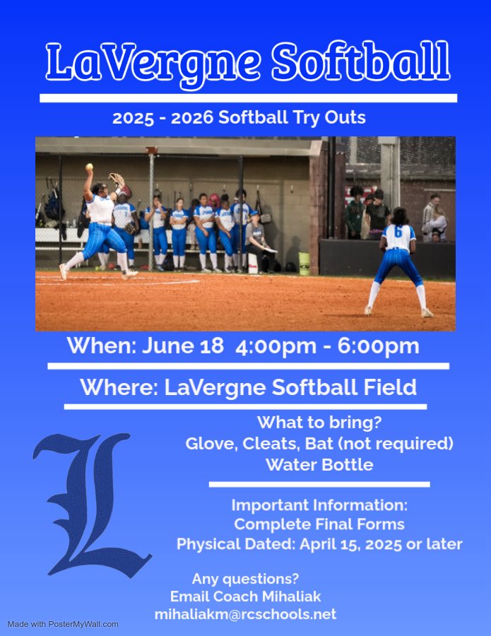LaVergne High Softball (@ladywolverines_) on Twitter photo LHS Softball tryouts are a week away! They will be held on Wednesday, June 18th from 4-6pm. Open to all grades including incoming freshmen. Make sure you have an up to date physical and complete Final Forms. Email mihaliakm@rcschools.net with any questions! LHS Softball tryouts are a week away! They will be held on Wednesday, June 18th from 4-6pm. Open to all grades including incoming freshmen. Make sure you have an up to date physical and complete Final Forms. Email mihaliakm@rcschools.net with any questions!