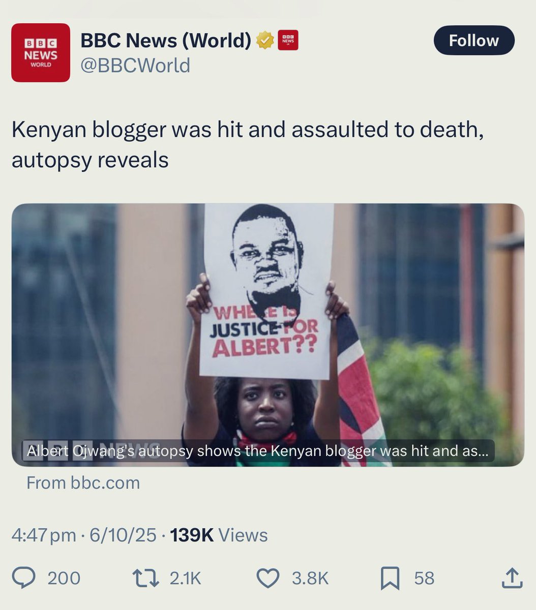 itskipronoh's tweet photo. BBC has passed the news of the killing of blogger Albert Ojwang to the world. #ArrestEliudLagat #JusticeForAlbertOjwang https://t.co/RRbJTATPVr
