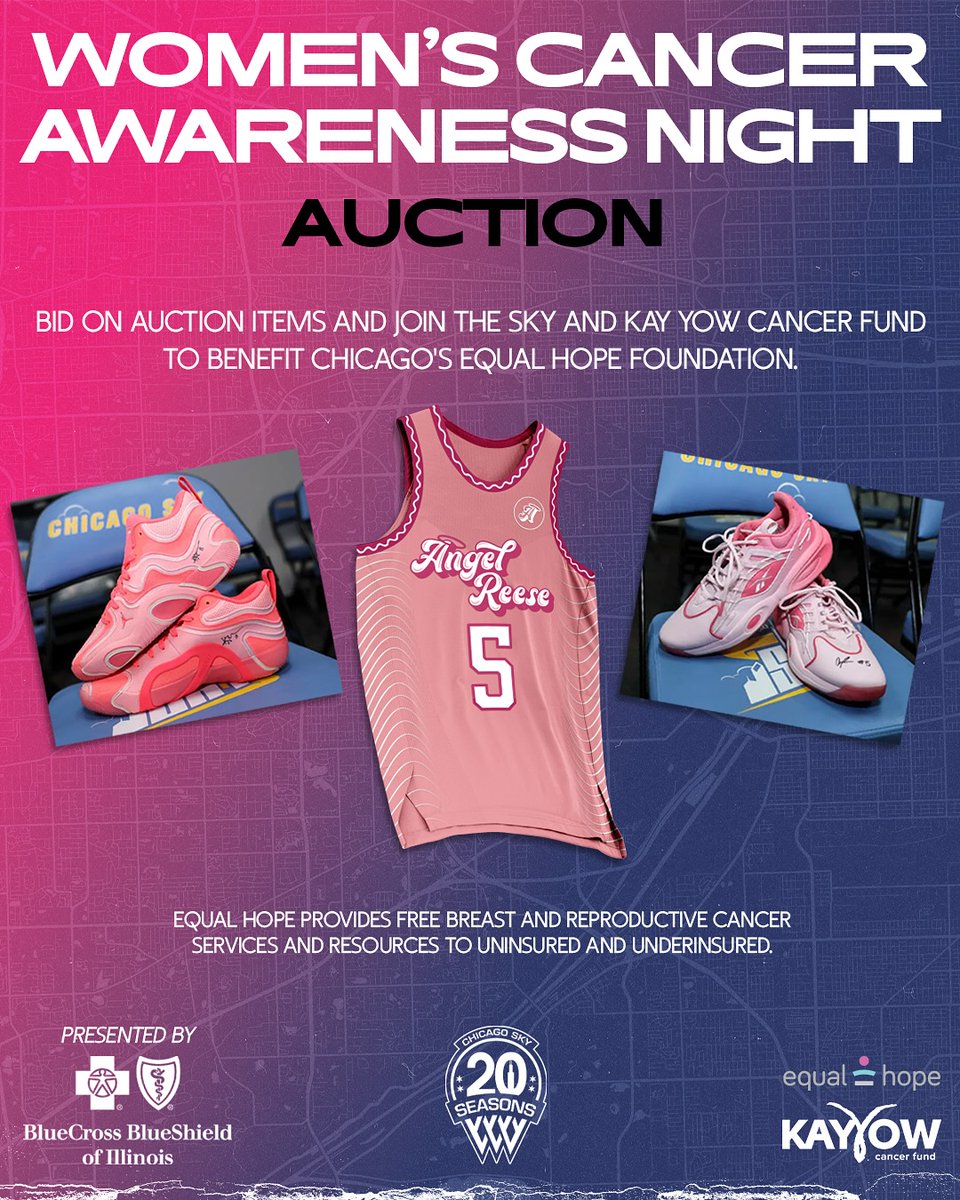 The fight doesn’t end when the game does 💪🎗️ Bid on exclusive Chicago Sky auction items! Proceeds benefit @equalhopechi, providing free breast and reproductive cancer services to uninsured and underinsured women in Chicago.

🔗 Use this link to bid now!
charity.pledgeit.org/c/nv8OpN3kgl/a…