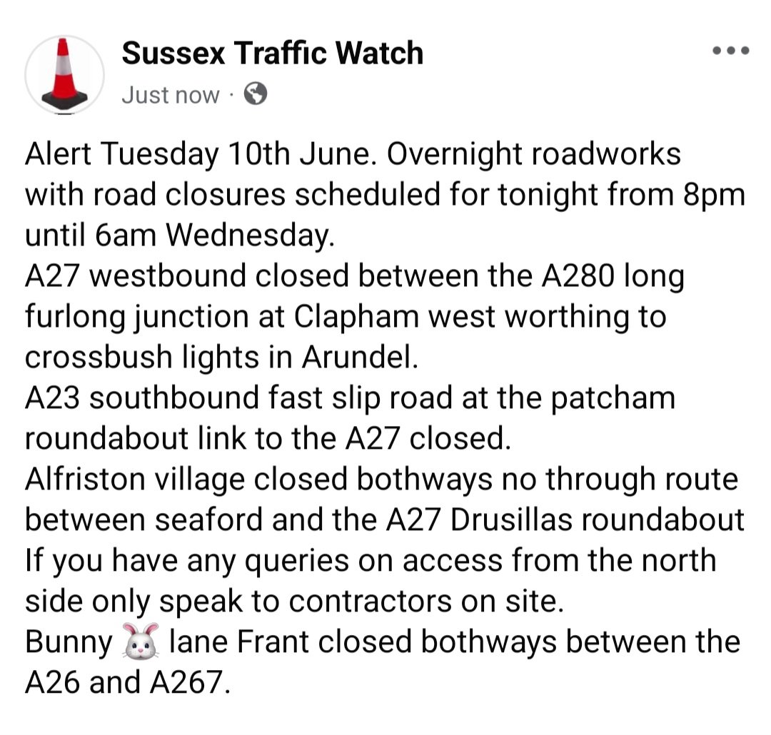 Overnight roadworks with road closures scheduled for tonight from 8pm until 6am Wednesday <a href="/SylvMelB/">Sylvie Blackmore</a> <a href="/BBCSussex/">BBC Sussex</a> <a href="/hawkinthebury/">C Mellor - SeahavenFM Drivetime</a> <a href="/SussexIncidents/">Sussex News - Breaking news for Sussex</a> <a href="/hailshamfm/">Hailsham FM</a> <a href="/V2RadioSussex/">V2 Radio</a> <a href="/GHRSussex/">Greatest Hits Radio Sussex News</a> <a href="/RegencyRadio/">Regency Radio</a> <a href="/MSR1038/">Mid Sussex Radio CIC 103.8FM</a>