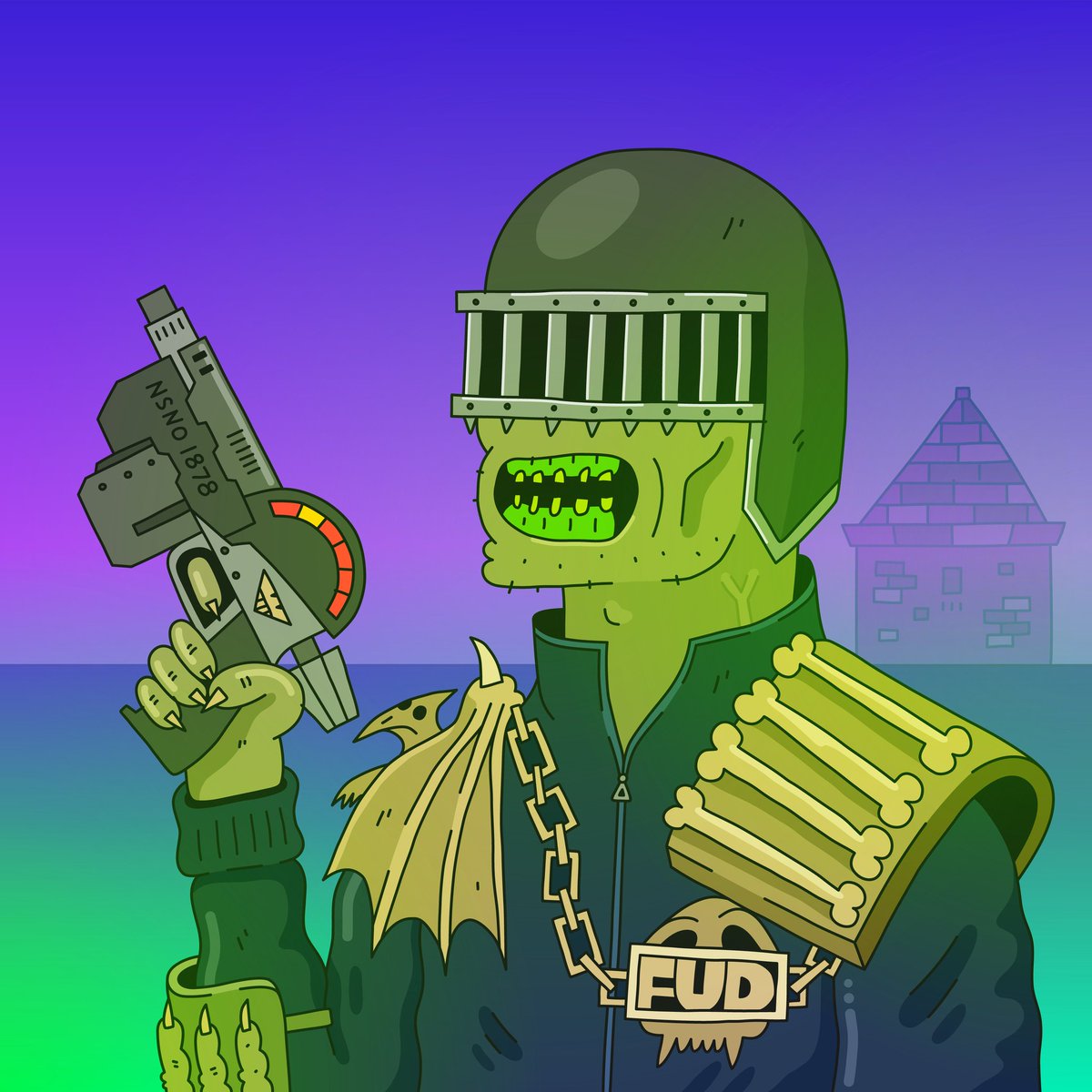 One of the amazing perks of <a href="/mfmeatbags/">MEATBAGS</a> Area51 is getting a custom 1/1 from the legendary <a href="/psychrome/">PSYCHRØMΞ</a>
Delighted how Judge FUD turned out 🔥  #Surviville <a href="/rbrtmb/">Robert</a> <a href="/deadbruvcom/">Dead Bruv</a>