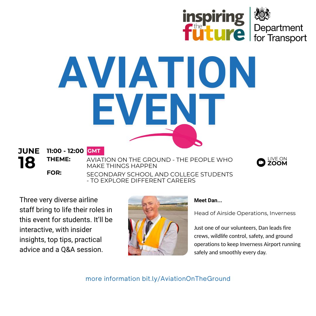 InspiringTF's tweet image. Hear 3 Top #Aviation people next week: Dan (pic), Mike (airspace noise) & Kirsten (flying taxis!)
🏫 Secondary Schools/Colleges: Register students!
📢 Share with career leads!
(Wish you had this at school?)
✉️ enquiries@inspiringthefuture.org
#InspiringTheFuture #AviationCareers