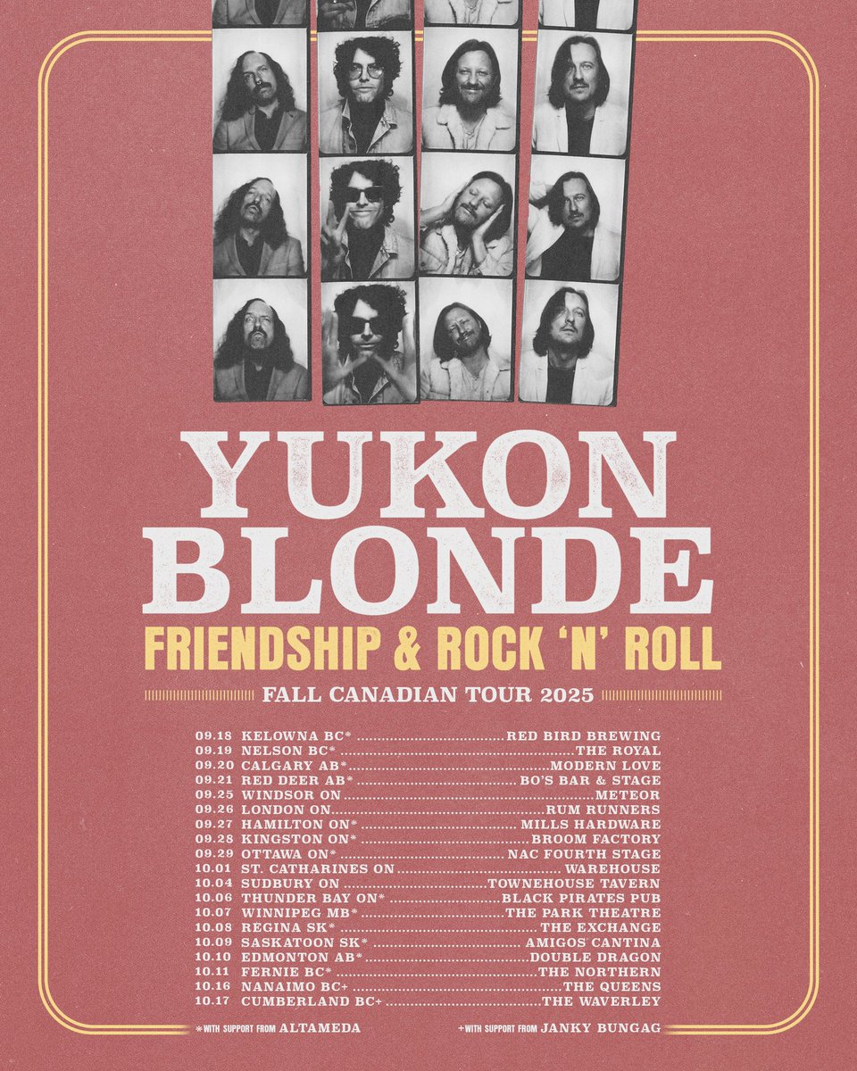 We’re dragging the Friendship &amp; Rock ’n’ Roll Tour across Canada this fall!
Joining us for select dates: our road co-combatants @altameda &amp; @jankybungag

PRE-Sale starts Thursday, June 12th @ 10AM Local Time 🎟️ Code word: FRIENDSHIP 
visit yukonblonde.com
