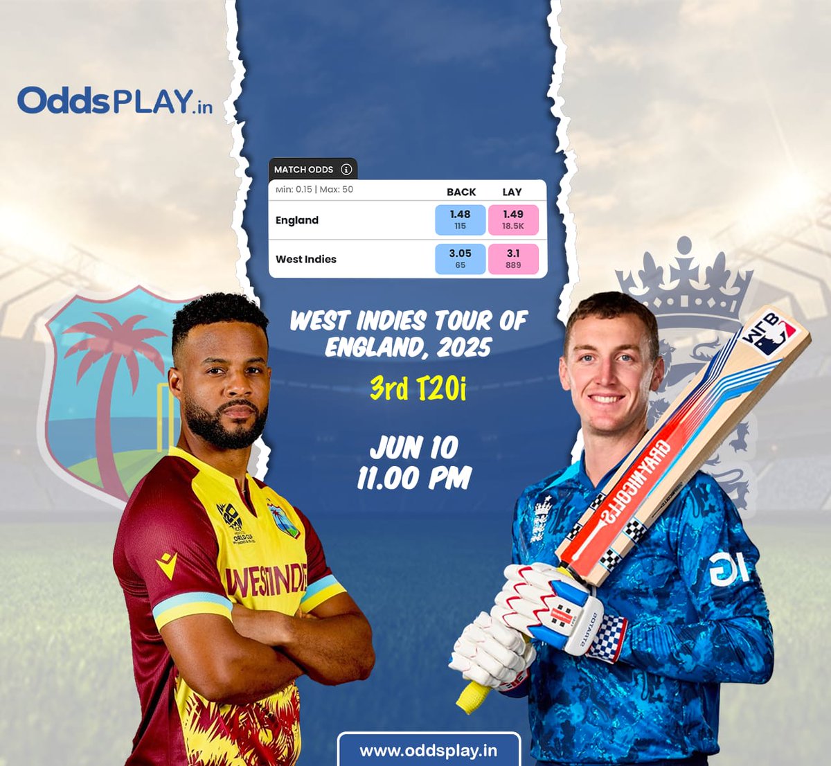 Sport's Tipper (@kushwanth000) on Twitter photo The third T20I between England and West Indies will take place at the Rose Bowl in Southampton.
Play on 👉 oddsplay.in/?code=Tipper18
-24/7 deposit & withdrawal 
-Wide fancys
-True match odds The third T20I between England and West Indies will take place at the Rose Bowl in Southampton.
Play on 👉 oddsplay.in/?code=Tipper18
-24/7 deposit & withdrawal 
-Wide fancys
-True match odds