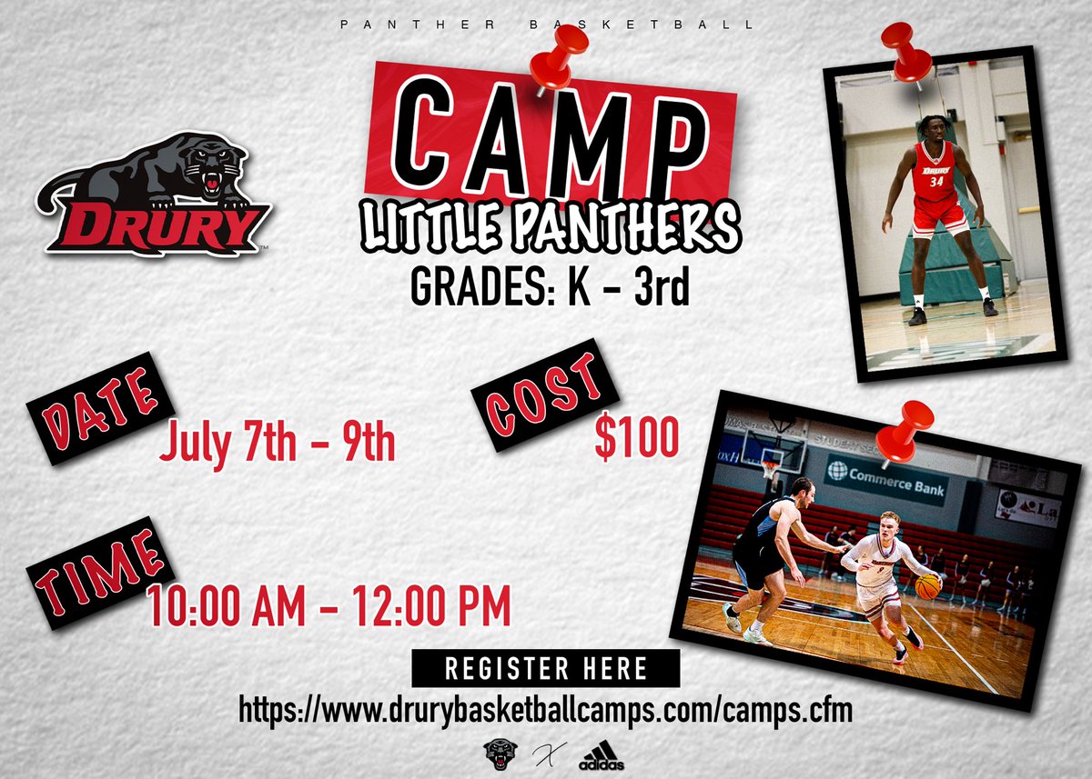 Drury Basketball (@drurymbb) on Twitter photo 🚨Sign up for Little Panthers Camp NOW🚨
Spots are filling up… do NOT miss out ‼️
Any questions please contact Coach Briscoe (sbriscoe@drury.edu) 🚨Sign up for Little Panthers Camp NOW🚨
Spots are filling up… do NOT miss out ‼️
Any questions please contact Coach Briscoe (sbriscoe@drury.edu)