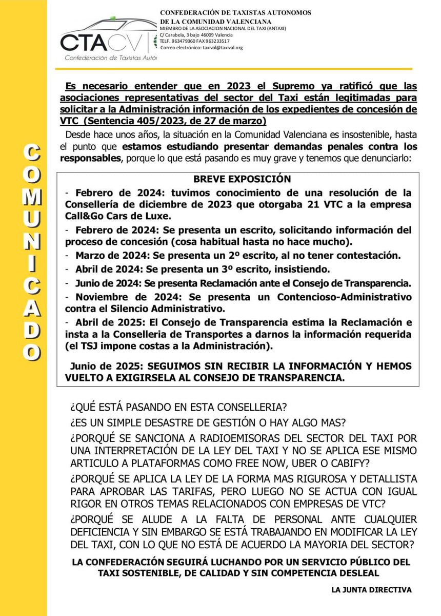 🆕 La Confederación denuncia irregularidades en <a href="/GVAMediAmbient/">GVA Medi Ambient Infraestructures Territori</a> que nos obligan a acudir al Consejo de Transparencia o los tribunales para solventar la situación de indefensión del sector del #taxi.

⚠️ El ocultismo en el proceso de concesión de licencias VTC, ¿qué esconde? 🤔