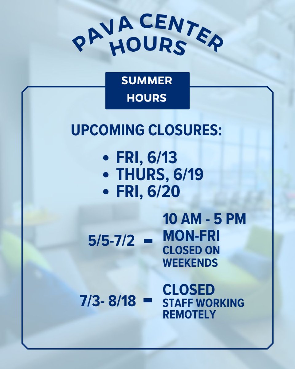 Social Innovation Lab (@sil_baltimore) on Twitter photo We are open 10AM - 5PM Mon through Fri and closed on weekends. From July 3rd on until mid-August, the building will be closed. Additional upcoming closures include Fri,6/13, Thurs, 6/19, and Fri, 6/20. Need assistance? Email us at PavaCenter@jh.edu. We are open 10AM - 5PM Mon through Fri and closed on weekends. From July 3rd on until mid-August, the building will be closed. Additional upcoming closures include Fri,6/13, Thurs, 6/19, and Fri, 6/20. Need assistance? Email us at PavaCenter@jh.edu.