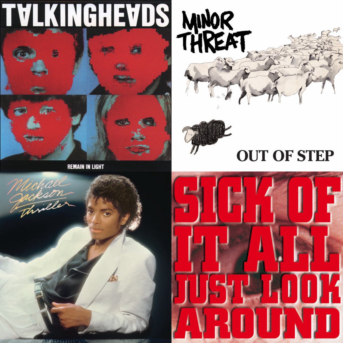 #MúsicaDesobediente Remain In Light <a href="/TalkingHeadsNet/">Talking Heads Net</a> 1980 #NewWave #PostFunk 🇺🇸 | Out Of Step ep • Minor Threat • 1983 #HardcorePunk 🇺🇸 | Thriller <a href="/michaeljackson/">Michael Jackson</a> 1982 #Disco #Soul #Funk #Dance #Pop 🇺🇸 | Just Look Around <a href="/SOIANYC/">Sick Of It All</a> 1992 #HardcorePunk #MetalPunk 🇺🇸