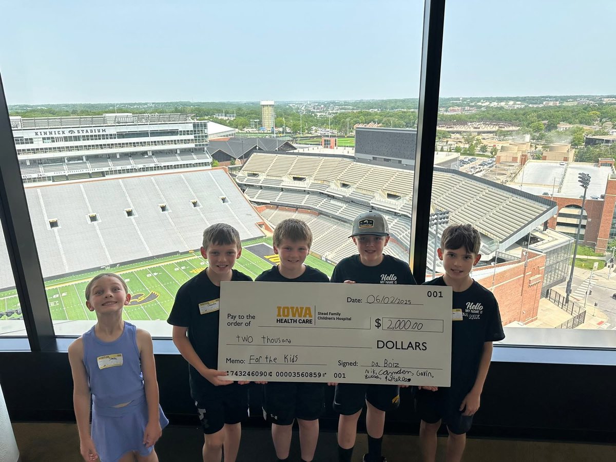 “Da Boiz”—Gavin, Camden, Lucas, Nik—and little sister Stella raised $1,000 for our hospital with a lemonade stand. Thanks to the Ottumwa Rotary’s Service Above Self Award, their gift was matched—doubling the impact to $2,000 for the auxiliary &amp; facility dog program. 🍋💛