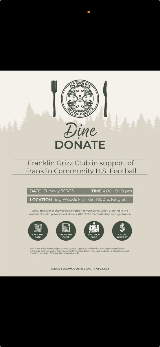 GrizzlyCubsFB's tweet image. Need dinner plans for tonight? Come by Big Woods Franklin from 4-8pm and get a great meal while supporting @GrizzlyCubsFB !