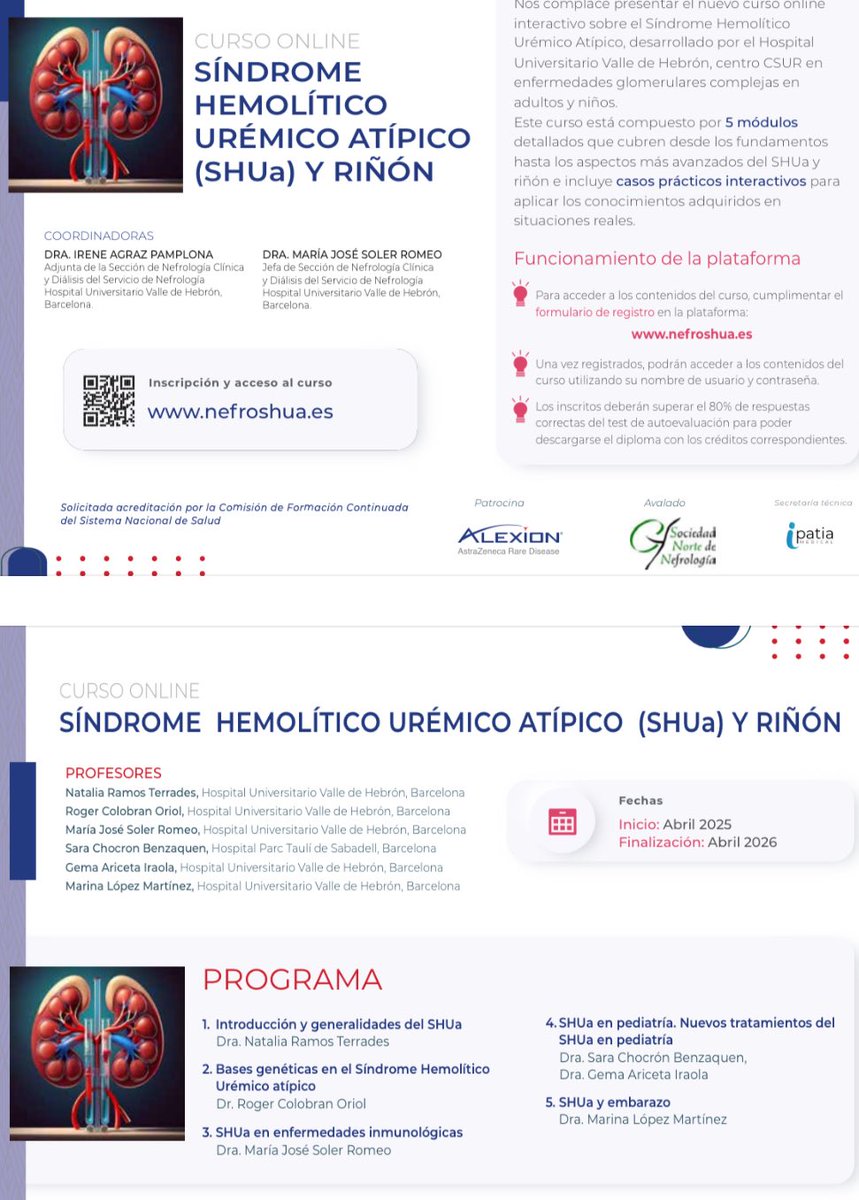 Muy interesante! 🩺
🩸 Curso online acreditado sobre Síndrome Hemolítico-Urémico (SHUa)

🔍 Profundiza en los fundamentos
y aspectos más avanzados del SHUa 
📚 casos prácticos 
🎓 4,6  CFC

👉 Inscríbete aquí: nefroshua.es

 <a href="/SENefrologia/">S.E.N. Nefrología</a> <a href="/senjoven/">JovSEN</a> #glosen